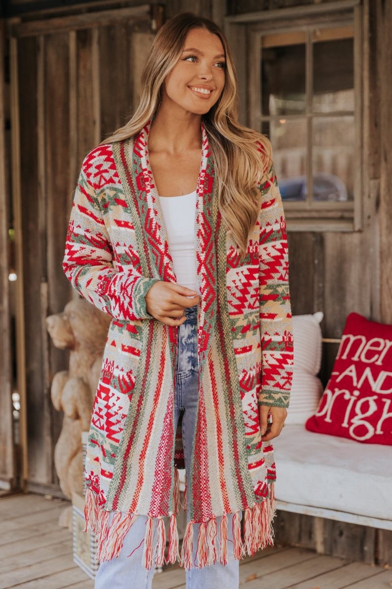 red green aztec striped boho fringe cardigan 352725