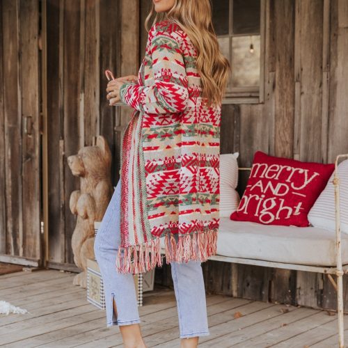 red green aztec striped boho fringe cardigan 508049