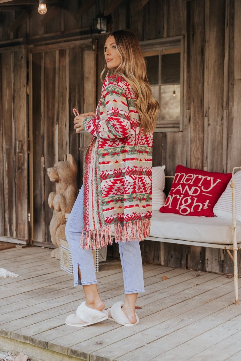 red green aztec striped boho fringe cardigan 508049