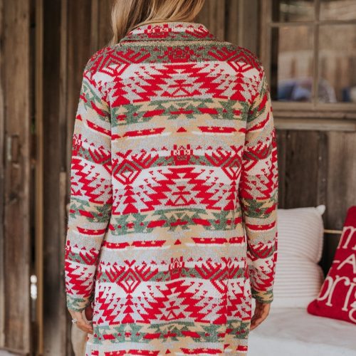 red green aztec striped boho fringe cardigan 743791