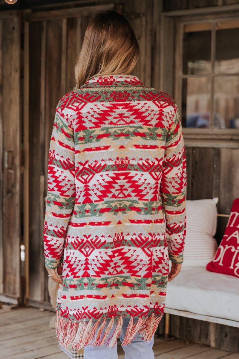 red green aztec striped boho fringe cardigan 743791