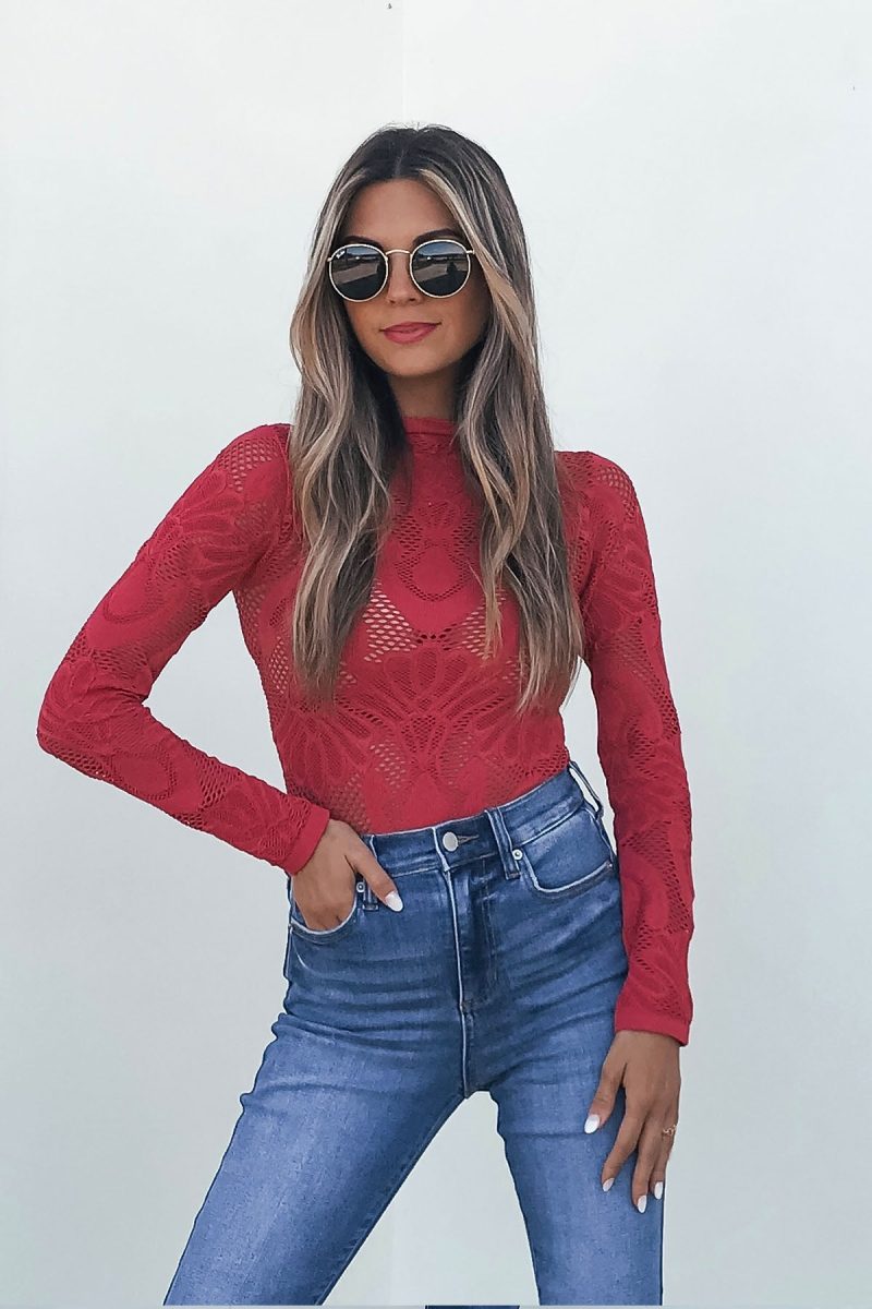 red mock neck fishnet top 455165