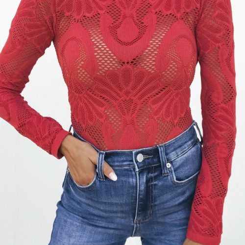 red mock neck fishnet top 653382