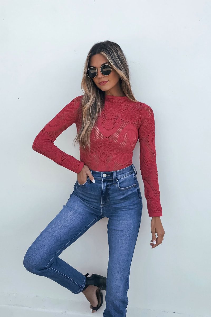 red mock neck fishnet top 768849