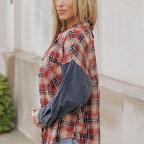 red plaid color block button down shirt 411138