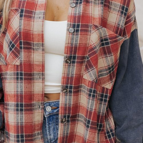 red plaid color block button down shirt 484430