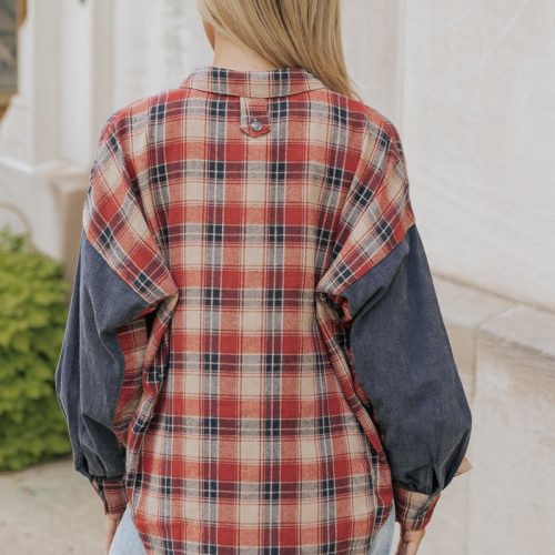 red plaid color block button down shirt 508996