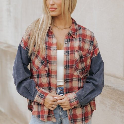 red plaid color block button down shirt 746363