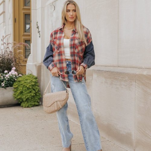 red plaid color block button down shirt 864281