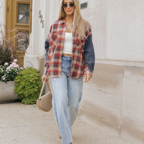 red plaid color block button down shirt 924226