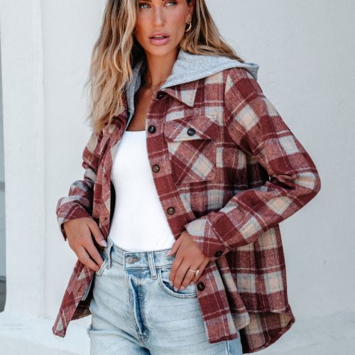 red plaid hooded shacket 435960