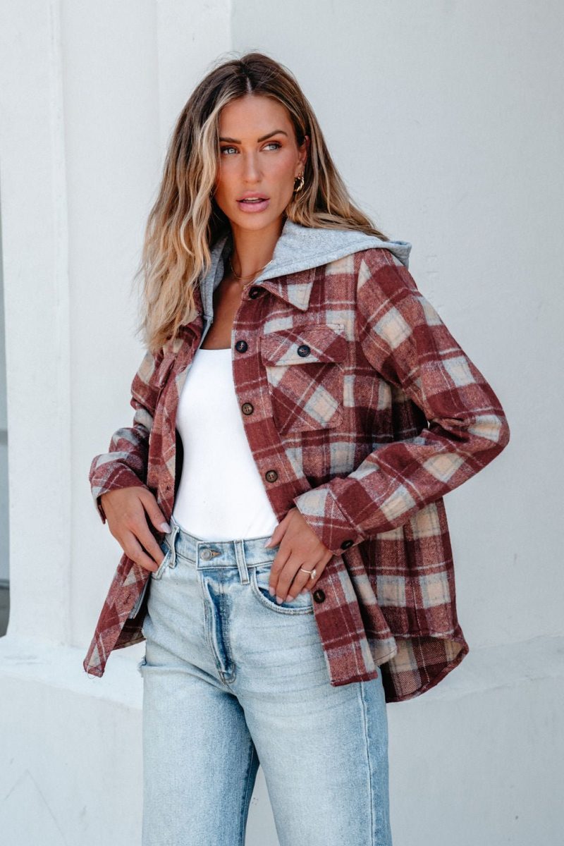 red plaid hooded shacket 435960