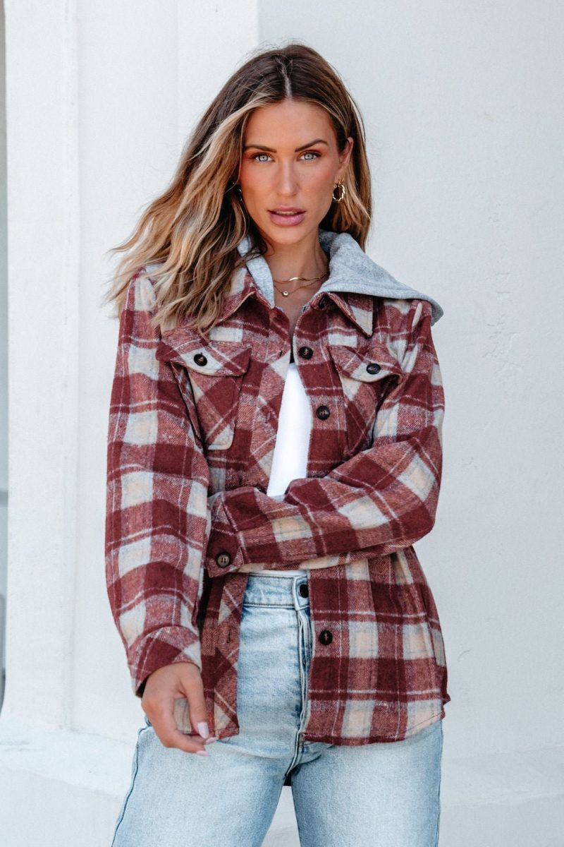 red plaid hooded shacket 444960