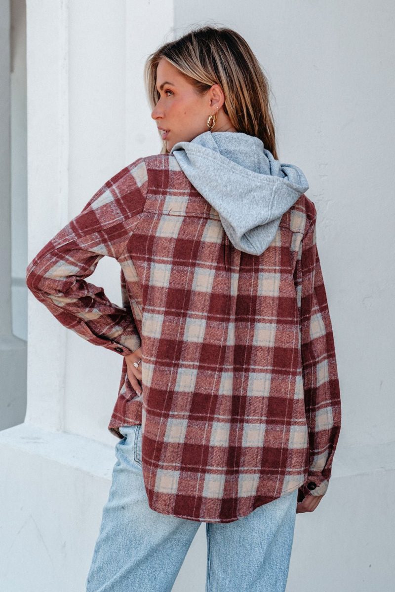 red plaid hooded shacket 818602