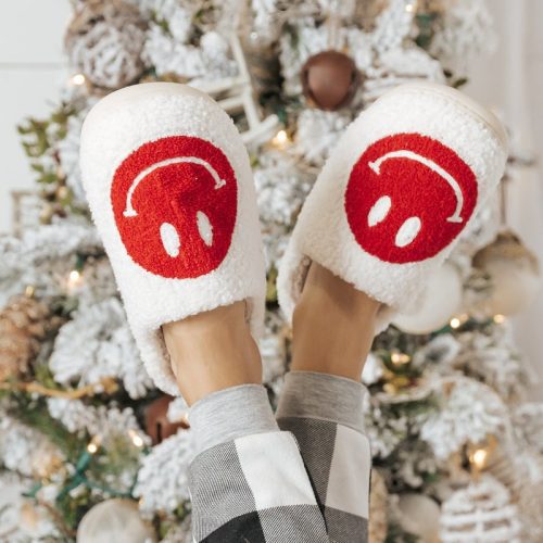 red smiley face faux plush slippers 726189