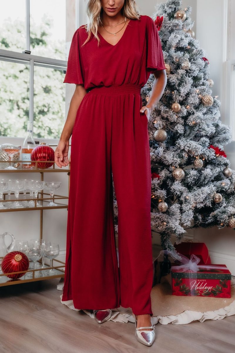 red smocked wide leg jumpsuit pre order 357255