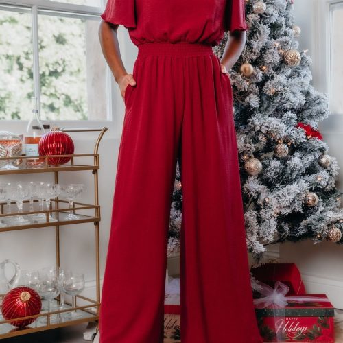 red smocked wide leg jumpsuit pre order 816682