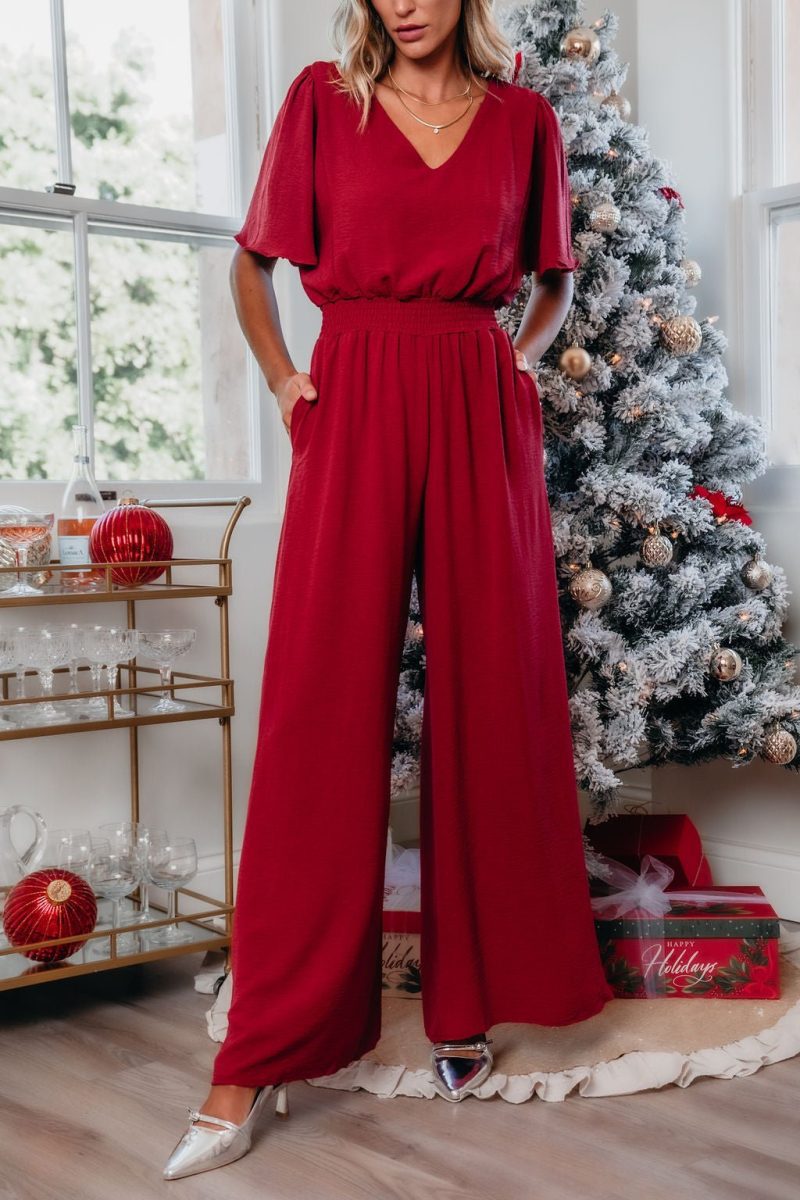 red smocked wide leg jumpsuit pre order 816682