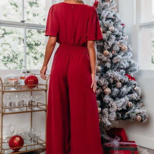 red smocked wide leg jumpsuit pre order 907364