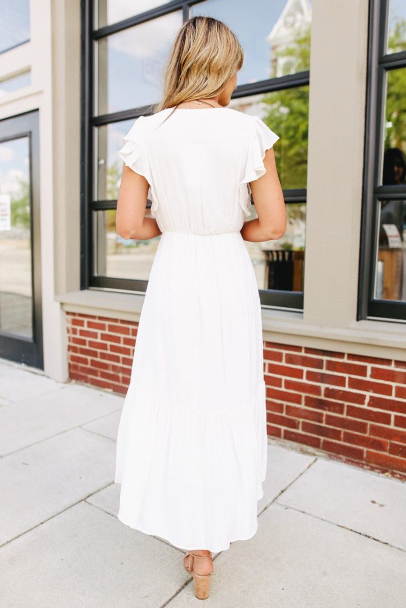 ruffle sleeve surplice white midi dress 190980