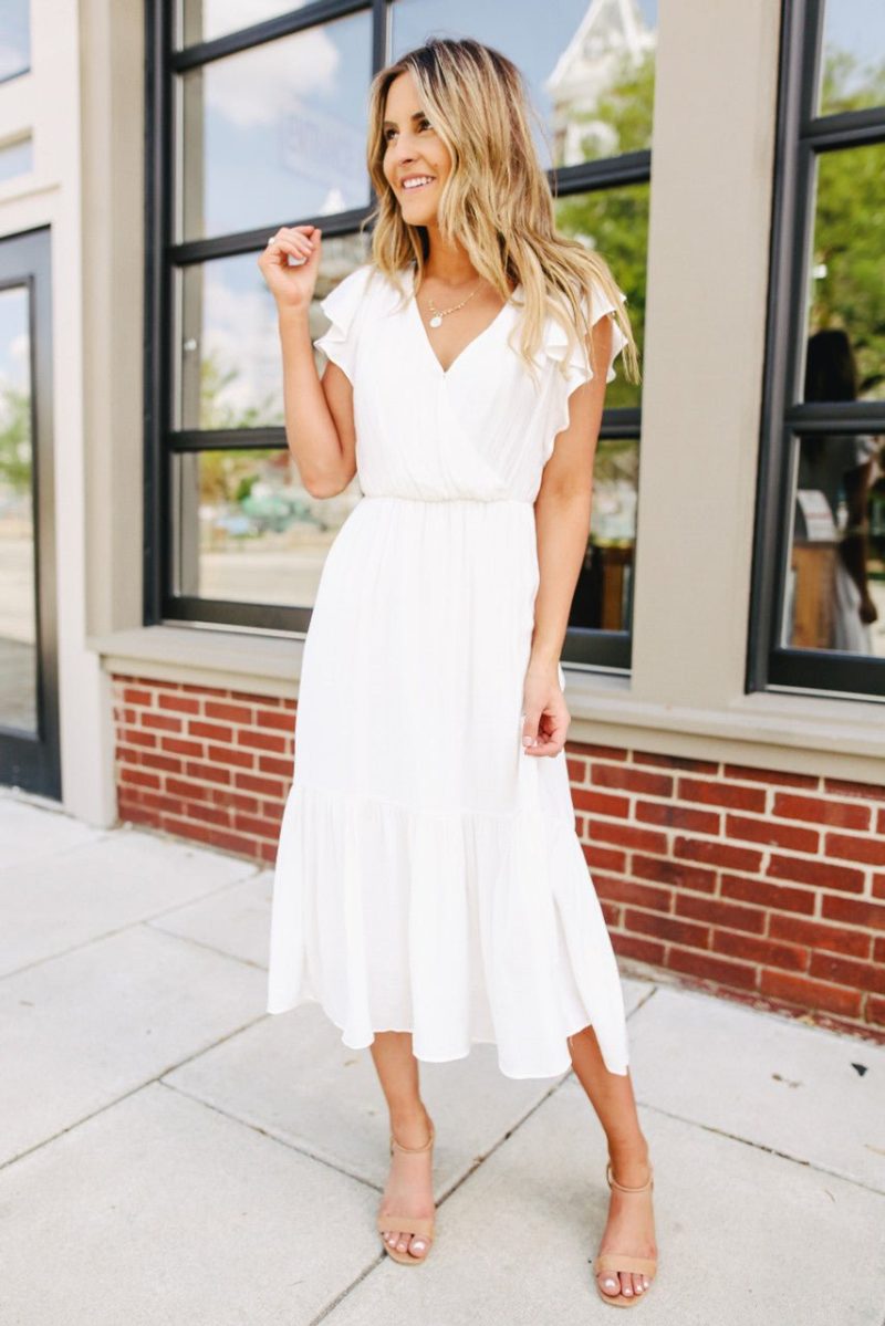 ruffle sleeve surplice white midi dress 774829