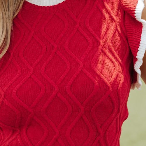 ruffled cable knit sweater red 298261