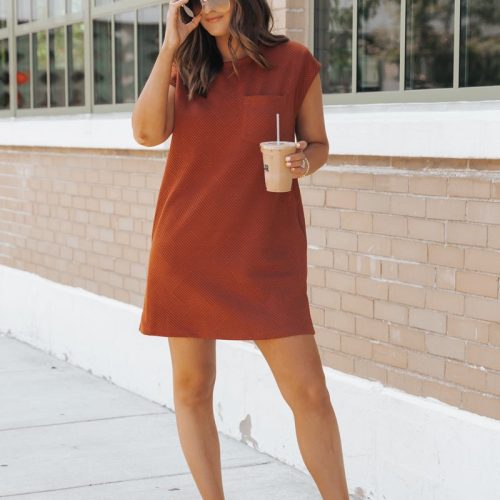 rust cap sleeve textured mini dress 125077