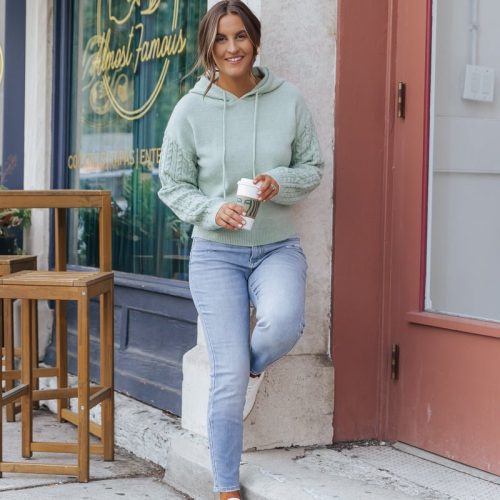 sage cable knit sleeve hooded sweater 559956