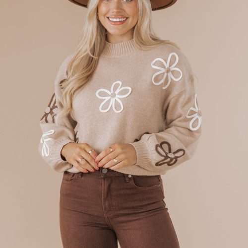 sand floral detail ribbed sweater 730296