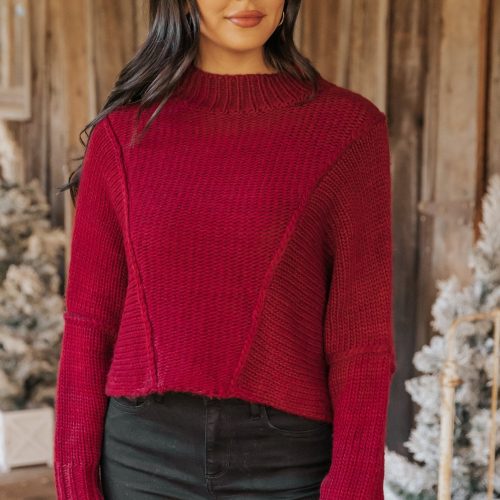 seam detail mock neck sweater wine 156238