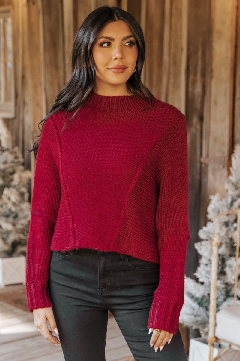 seam detail mock neck sweater wine 156238