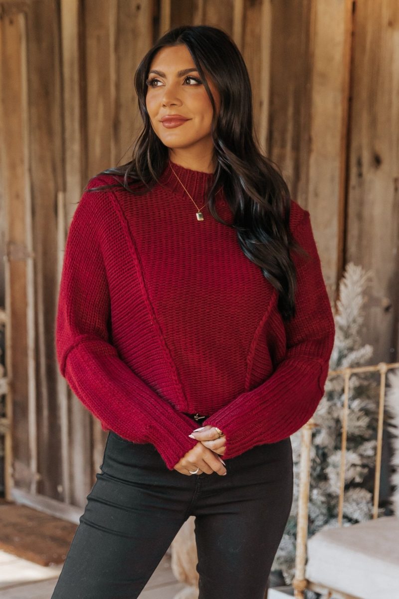 seam detail mock neck sweater wine 448683