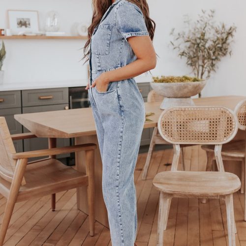 short sleeve medium wash denim jumpsuit 313985