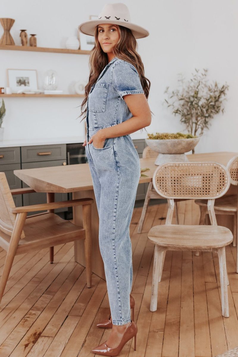 short sleeve medium wash denim jumpsuit 313985