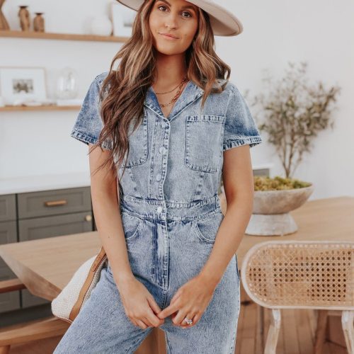 short sleeve medium wash denim jumpsuit 320205