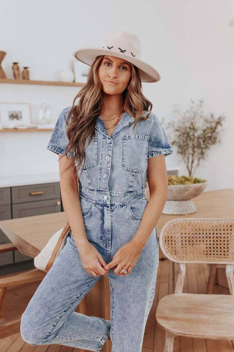 short sleeve medium wash denim jumpsuit 320205