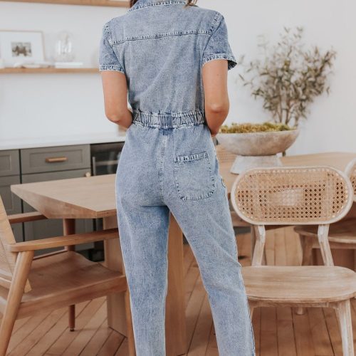 short sleeve medium wash denim jumpsuit 360708