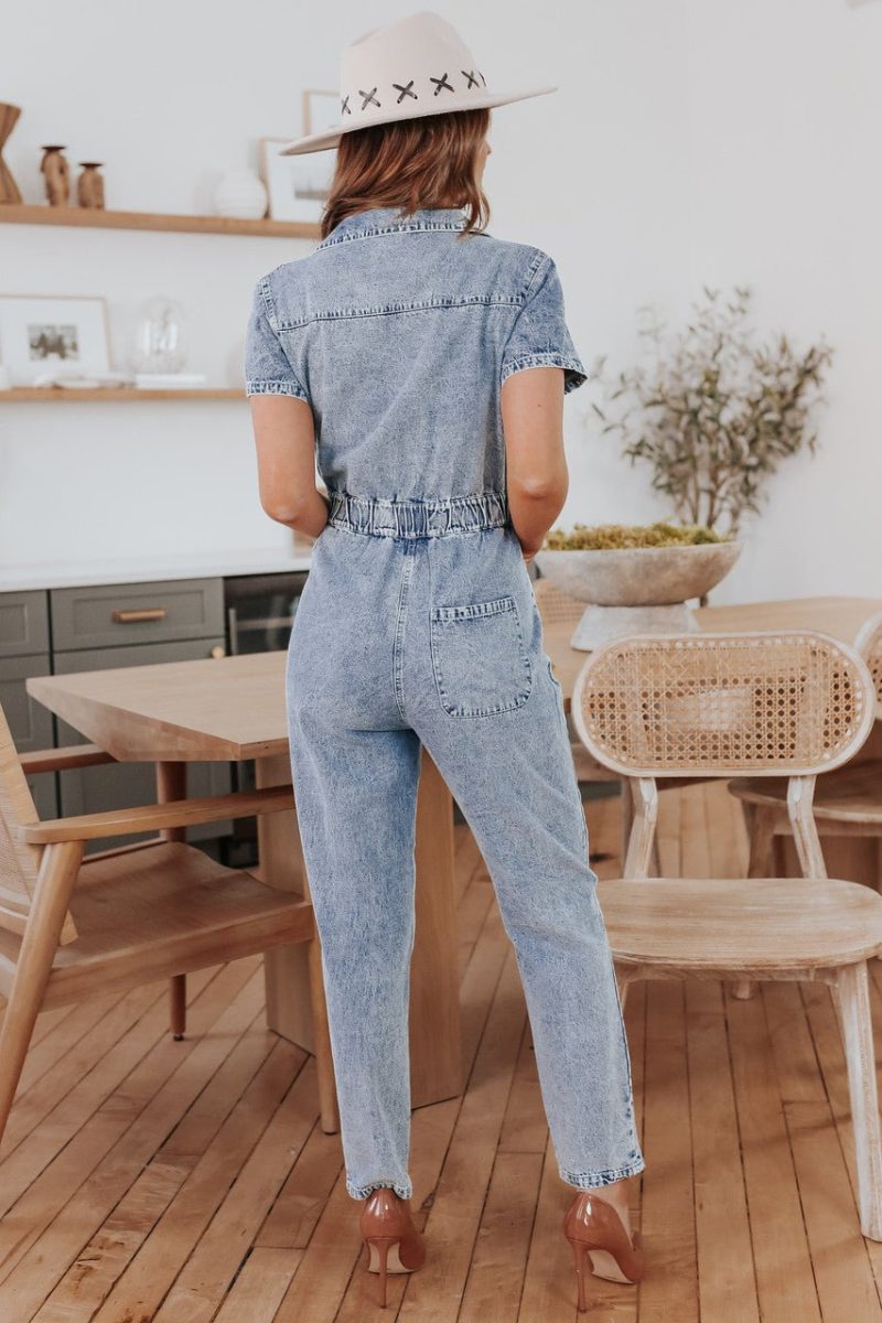 short sleeve medium wash denim jumpsuit 360708