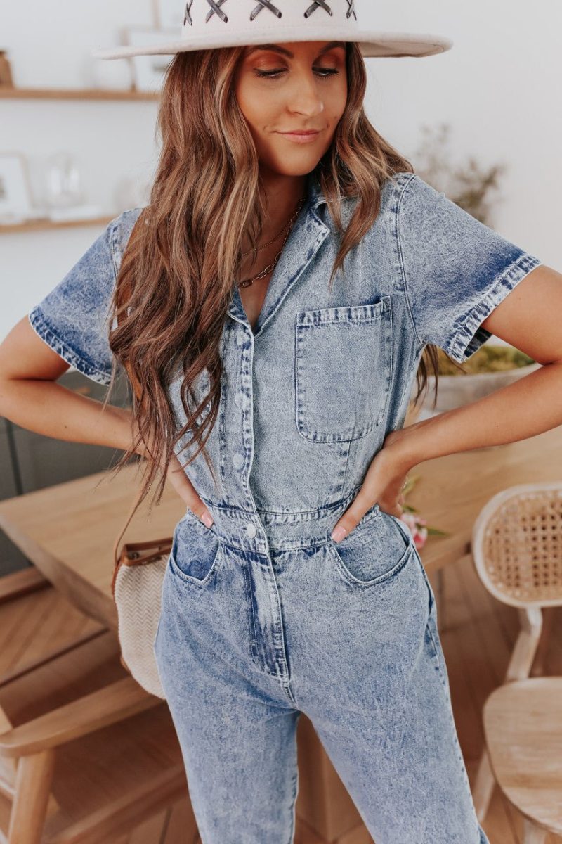 short sleeve medium wash denim jumpsuit 367410