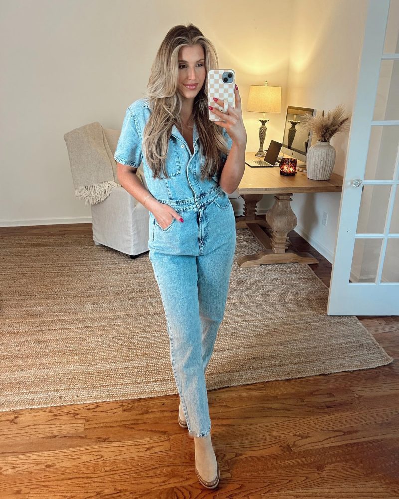 short sleeve medium wash denim jumpsuit 416463