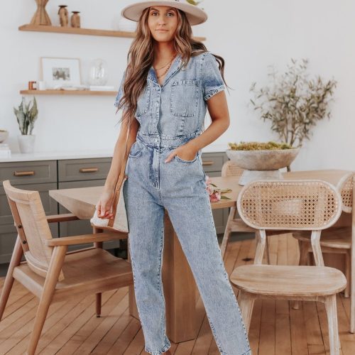 short sleeve medium wash denim jumpsuit 776310