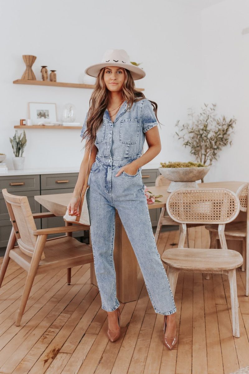 short sleeve medium wash denim jumpsuit 776310