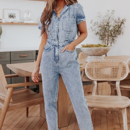 short sleeve medium wash denim jumpsuit 864300