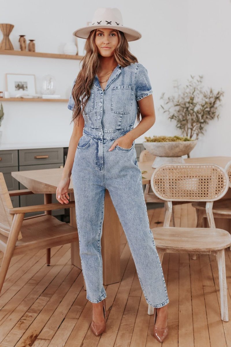 short sleeve medium wash denim jumpsuit 864300