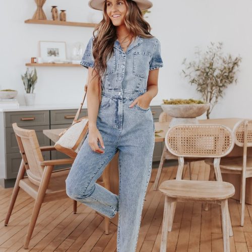 short sleeve medium wash denim jumpsuit 875022