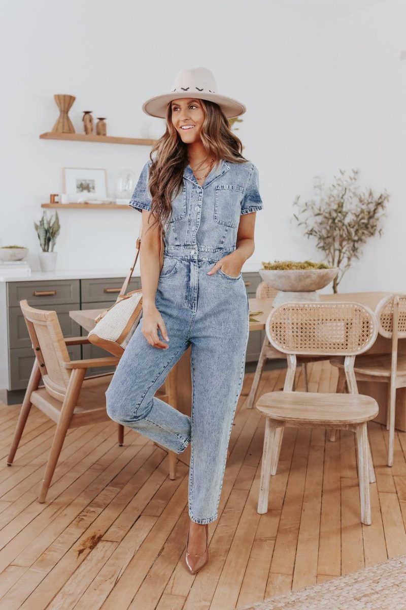 short sleeve medium wash denim jumpsuit 875022