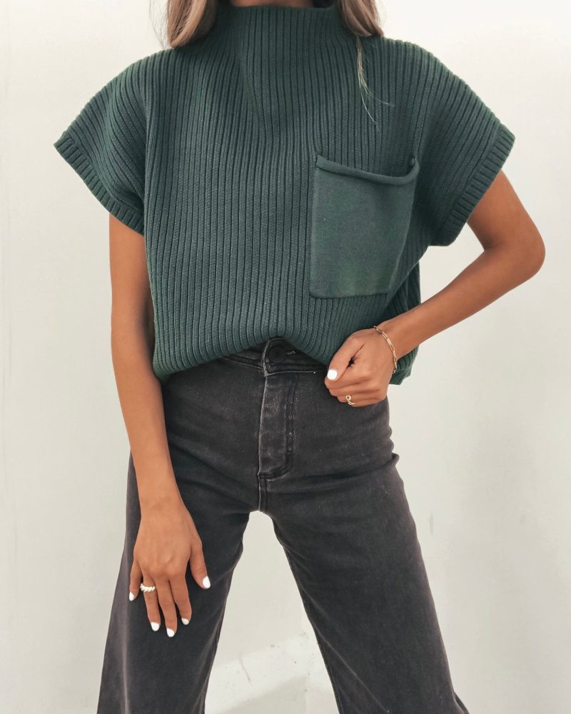 short sleeve mock neck ribbed sweater forest green 887739