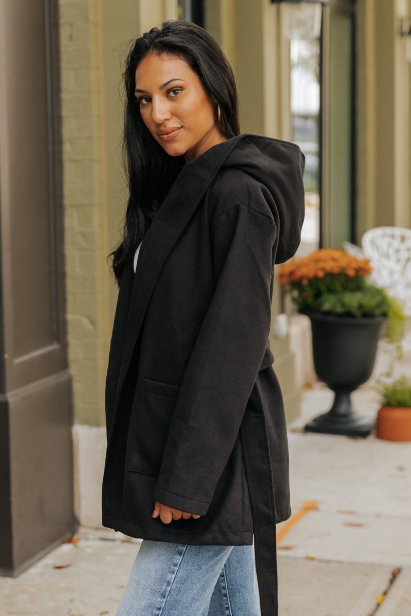 sophisticated black tie hooded coat 372968