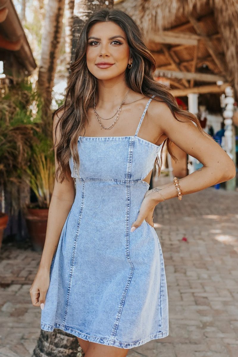 square neck open back denim dress final sale 917640