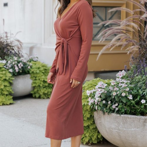 surplice ribbed midi wrap dress brick 254776